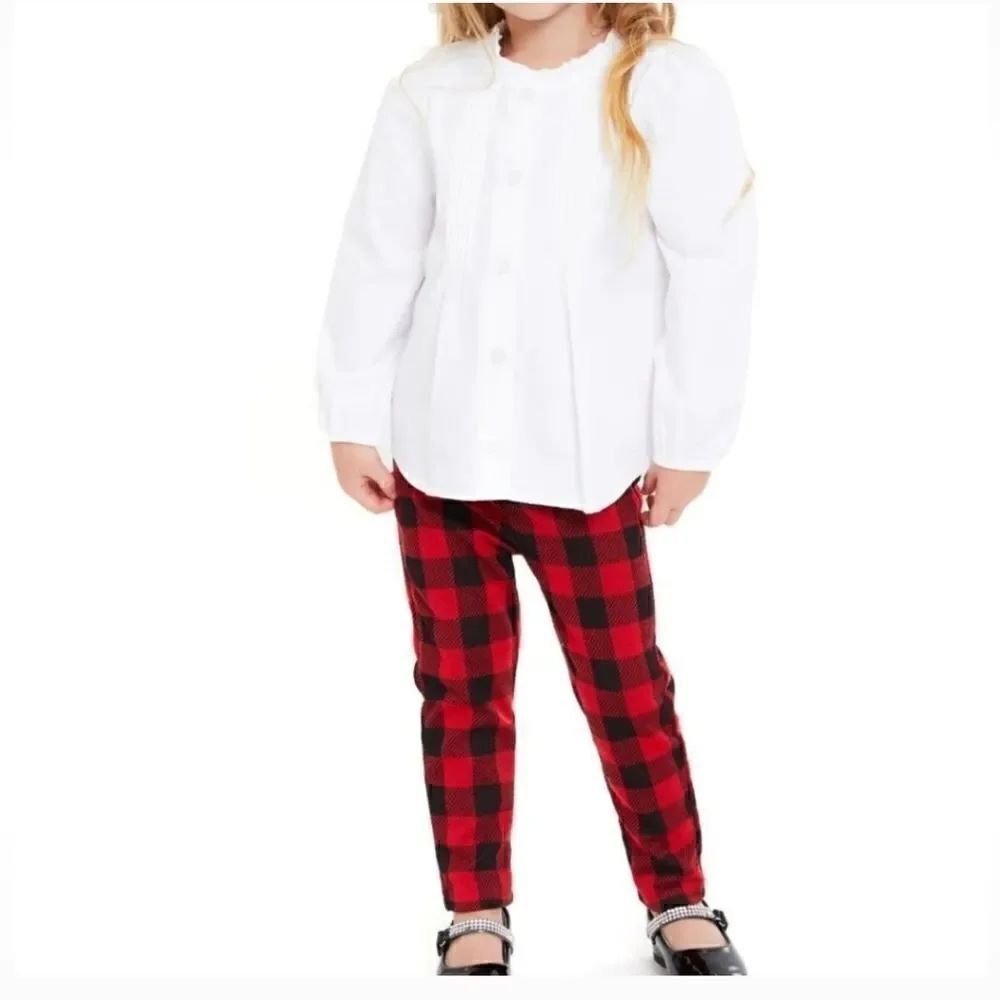 Toddler Girl White Ruffle Shirt & Buffalo Plaid Pants Holiday Christmas Outfit